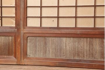 アンティーク建具　和製アンティーク　昭和初期　腰板ケヤキ材　裏障子付き　万本格子戸4枚セット(帯ガラス戸、引き戸)(R-044168)