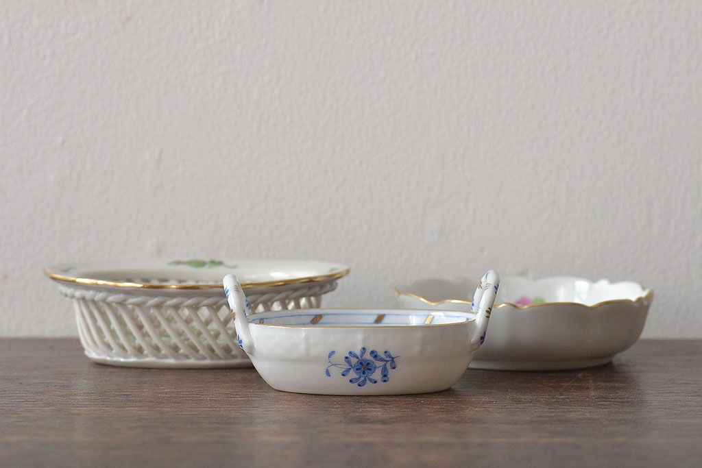 中古　ハンガリー　HEREND(ヘレンド)　ハンドル付リング入れ・バスケット・深皿(小物入れ、アクセサリートレイ、小鉢)(R-044187)