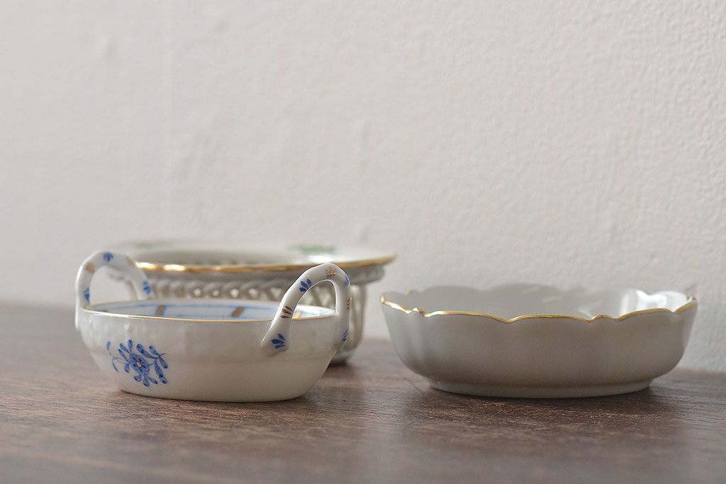 中古　ハンガリー　HEREND(ヘレンド)　ハンドル付リング入れ・バスケット・深皿(小物入れ、アクセサリートレイ、小鉢)(R-044187)