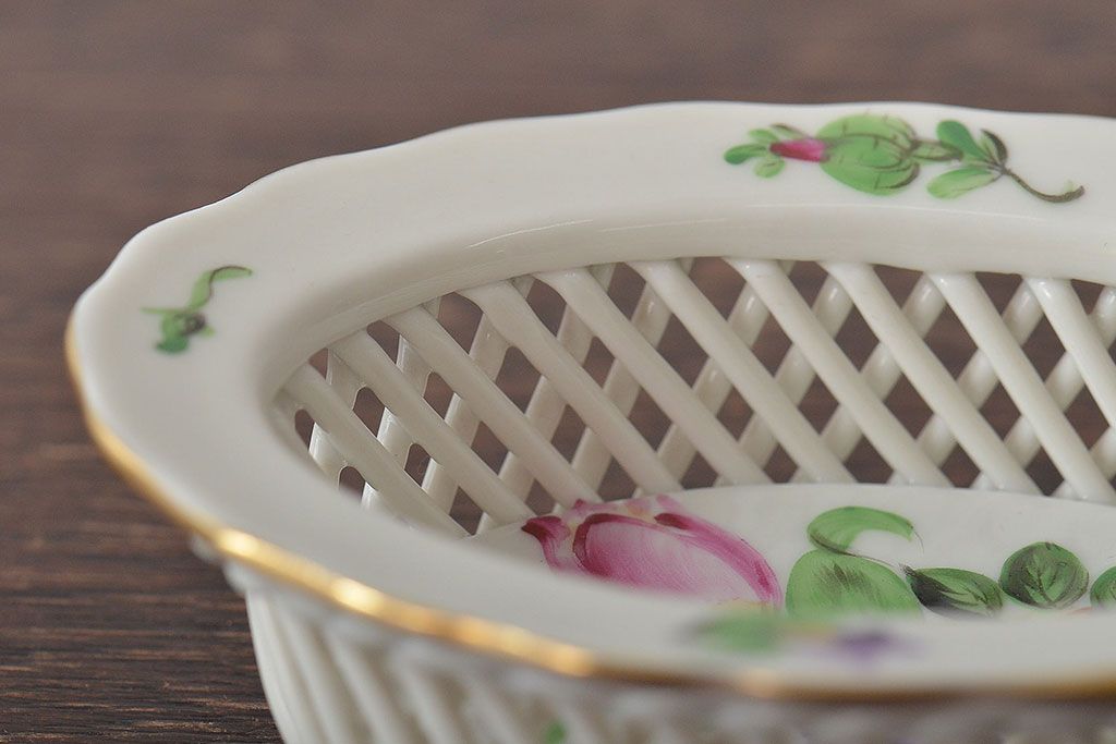 中古　ハンガリー　HEREND(ヘレンド)　ハンドル付リング入れ・バスケット・深皿(小物入れ、アクセサリートレイ、小鉢)(R-044187)