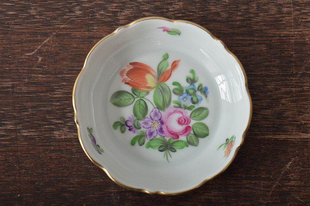 中古　ハンガリー　HEREND(ヘレンド)　ハンドル付リング入れ・バスケット・深皿(小物入れ、アクセサリートレイ、小鉢)(R-044187)