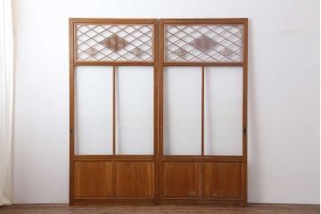 ビンテージ建具　昭和中期　曲線を用いた文様が目を引く組子入りガラス戸2枚セット(引き戸、建具)(R-044211)
