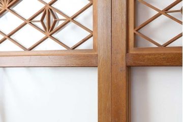 ビンテージ建具　昭和中期　曲線を用いた文様が目を引く組子入りガラス戸2枚セット(引き戸、建具)(R-044211)