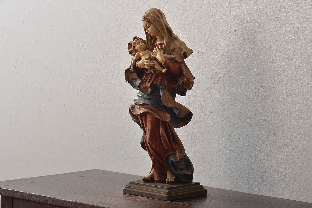 東欧ヴィンテージ　聖母マリア像　木彫(キリストイコン画、ビンテージ)(R-044212)