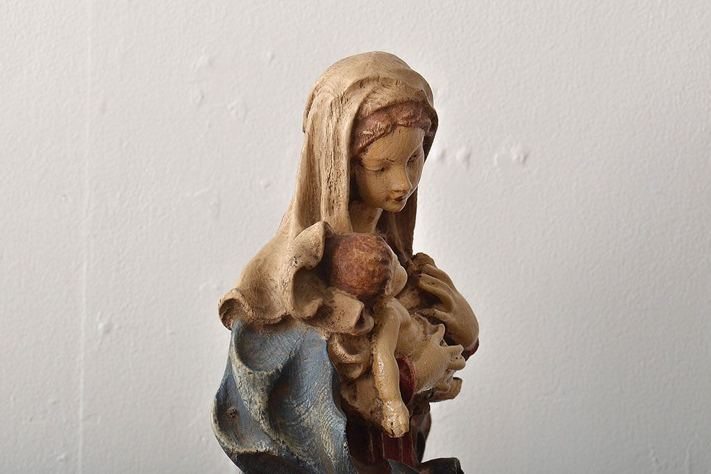 東欧ヴィンテージ　聖母マリア像　木彫(キリストイコン画、ビンテージ)(R-044212)