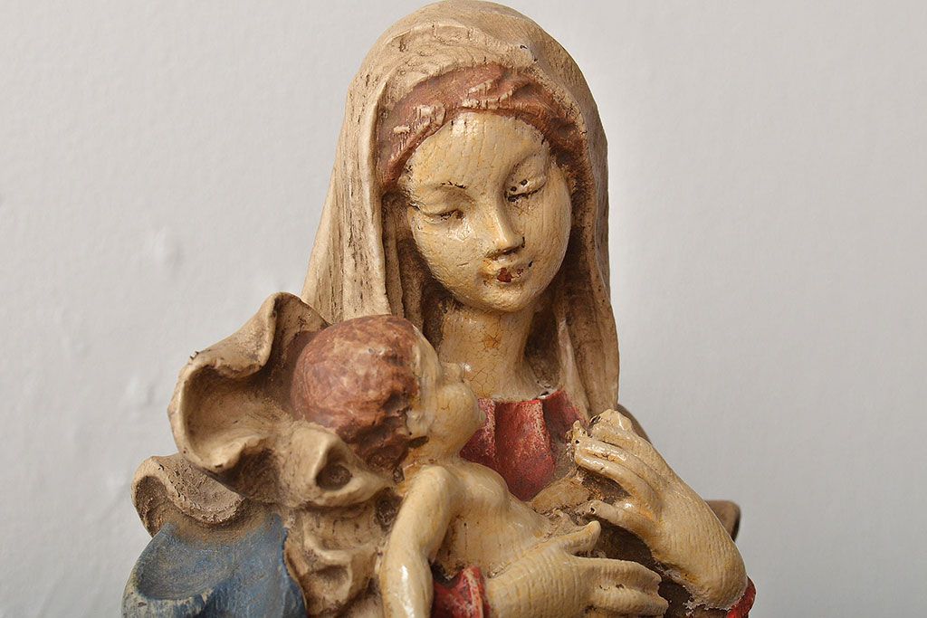 東欧ヴィンテージ　聖母マリア像　木彫(キリストイコン画、ビンテージ)(R-044212)