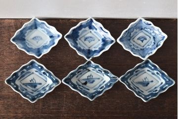 江戸〜明治　古伊万里　渦福蓋茶碗など8点(染付湯呑、小皿、醤油皿)(R-044218)