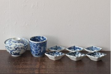 江戸〜明治　古伊万里　渦福蓋茶碗など8点(染付湯呑、小皿、醤油皿)(R-044218)