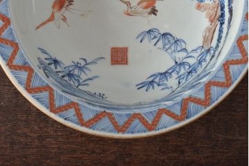 江戸〜明治　古伊万里　松竹梅文に鶴の図　染付深鉢(深皿)(R-044221)