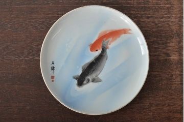明治〜大正　鯉の図　図変わり6寸印判皿3枚(中皿)(R-044222)