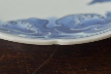 古民具・骨董　江戸期　古伊万里　藍九谷　松と鴎　変形皿2枚(中皿、和食器)(R-044225)