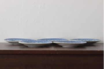 大正期　桜閣花鳥図　楕円印判皿5枚(和食器)(R-044227)