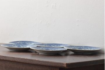 大正期　桜閣花鳥図　楕円印判皿5枚(和食器)(R-044227)