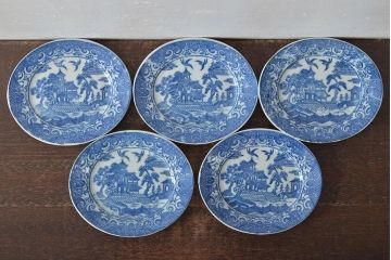 大正期　桜閣花鳥図　楕円印判皿5枚(和食器)(R-044227)