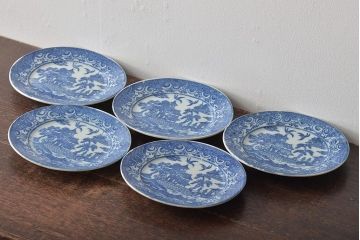 大正期　桜閣花鳥図　楕円印判皿5枚(和食器)(R-044227)