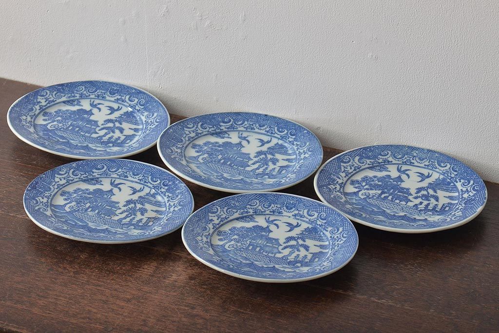 大正期　桜閣花鳥図　楕円印判皿5枚(和食器)(R-044228)