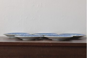 大正期　桜閣花鳥図　楕円印判皿5枚(和食器)(R-044228)