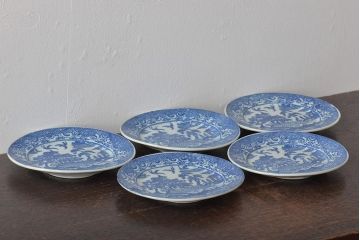 大正期　桜閣花鳥図　楕円印判皿5枚(和食器)(R-044228)