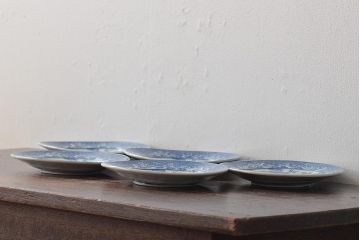 大正期　桜閣花鳥図　楕円印判皿5枚(和食器)(R-044228)