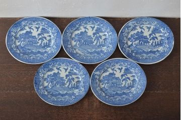 大正期　桜閣花鳥図　楕円印判皿5枚(和食器)(R-044228)