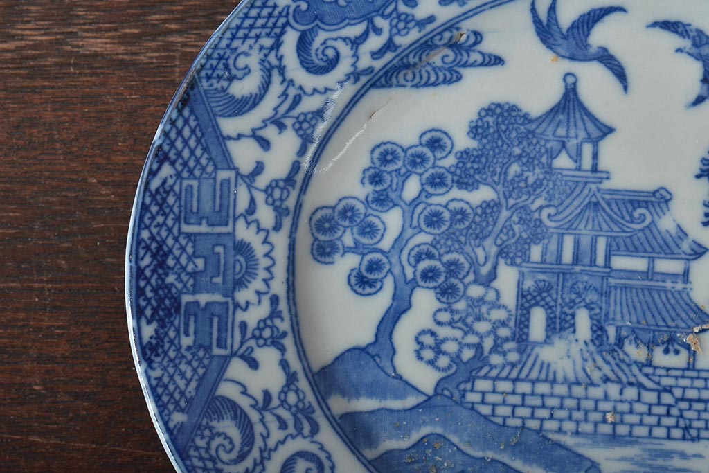 大正期　桜閣花鳥図　楕円印判皿5枚(和食器)(R-044228)