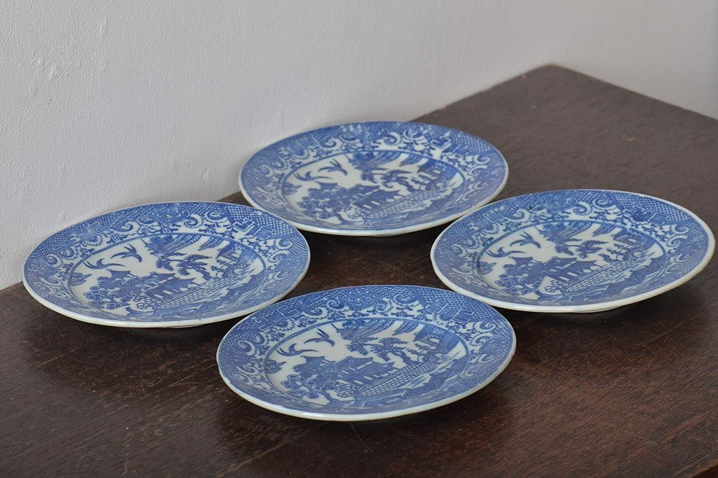 大正期　桜閣花鳥図　楕円印判皿4枚(和食器)(R-044229)