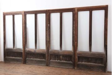 アンティーク建具　昭和初期　腰板ケヤキ材　高さもたっぷりある大きなガラス戸4枚セット(引き戸、建具)(R-044238)