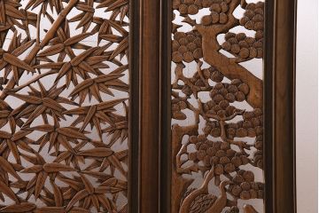 ヴィンテージ建具　松竹梅の透かし彫りが目を引く凝った造りの衝立(つい立て、パーテーション、ビンテージ)(R-044244)