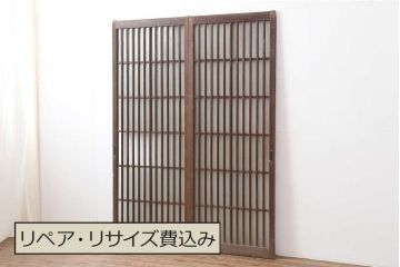 アンティーク建具　昭和中期　すりガラス入り　レトロな空間演出におすすめの格子入りガラス戸2枚セット(引き戸、建具)(R-044257)