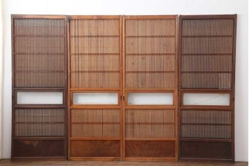 アンティーク建具　昭和初期　腰板ケヤキ材　裏障子付き　格子戸4枚セット(帯ガラス戸、引き戸、建具)(R-044260)