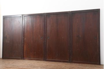 アンティーク建具　和製アンティーク　明治期　タヌキの意匠の引手が味わい深い板戸4枚セット(建具、引き戸)(R-044272)