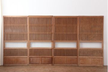 アンティーク建具　和製アンティーク　大正昭和初期　総栗材・腰板ケヤキ材　大珍品!　無双格子戸4枚セット(引き戸、建具)(R-044281)