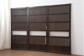 アンティーク建具　和製アンティーク　大正期　裏障子付き　ダイヤガラス　深い色合いが和の雰囲気を高める格子戸3枚セット(帯ガラス戸、引き戸)(R-044283)