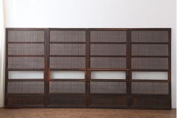 アンティーク建具　和製アンティーク　昭和初期　裏障子付き　ゆらゆらガラス　深い色合いが和の雰囲気を高める格子戸4枚セット(ガラス帯戸、引き戸)(R-044284)
