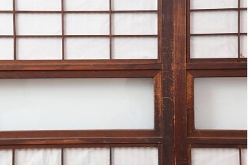 アンティーク建具　和製アンティーク　昭和初期　裏障子付き　ゆらゆらガラス　深い色合いが和の雰囲気を高める格子戸4枚セット(ガラス帯戸、引き戸)(R-044284)