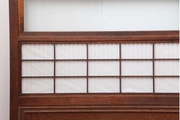 アンティーク建具　和製アンティーク　昭和初期　裏障子付き　ゆらゆらガラス　深い色合いが和の雰囲気を高める格子戸4枚セット(ガラス帯戸、引き戸)(R-044284)