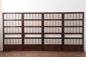 アンティーク建具　和製アンティーク　大正期　裏障子付き　いぶされたような色合いが味わい深い格子戸4枚セット(ガラス帯戸、格子帯戸、引き戸、建具)(R-044285)