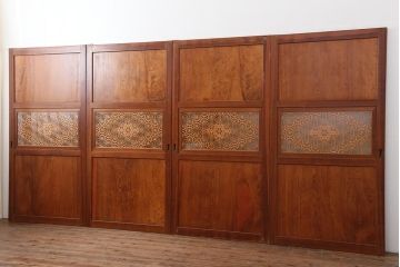 アンティーク建具　和製アンティーク　昭和中期　板部一枚板　美しい組子が目を惹く帯戸4枚セット(ガラス帯戸、組子帯戸、引き戸、建具)(R-044287)