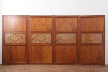 アンティーク建具　和製アンティーク　昭和中期　板部一枚板　美しい組子が目を惹く帯戸4枚セット(ガラス帯戸、組子帯戸、引き戸、建具)(R-044287)