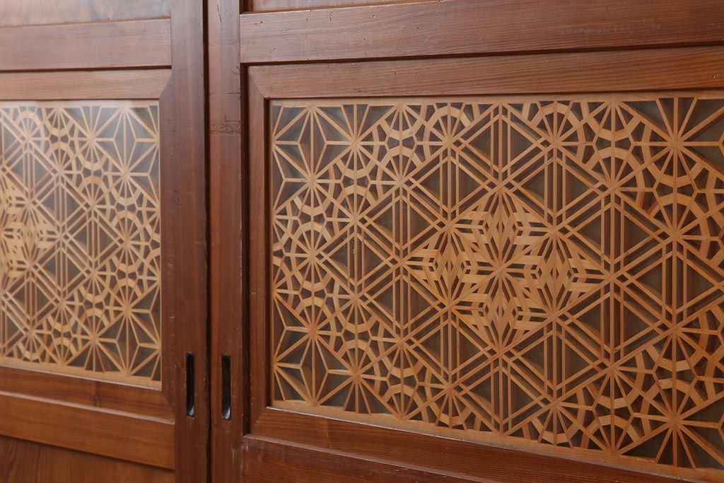 アンティーク建具　和製アンティーク　昭和中期　板部一枚板　美しい組子が目を惹く帯戸4枚セット(ガラス帯戸、組子帯戸、引き戸、建具)(R-044287)