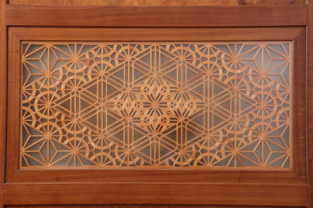 アンティーク建具　和製アンティーク　昭和中期　板部一枚板　美しい組子が目を惹く帯戸4枚セット(ガラス帯戸、組子帯戸、引き戸、建具)(R-044287)