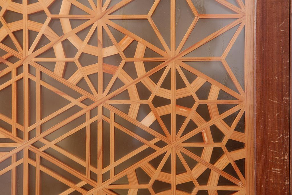 アンティーク建具　和製アンティーク　昭和中期　板部一枚板　美しい組子が目を惹く帯戸4枚セット(ガラス帯戸、組子帯戸、引き戸、建具)(R-044287)