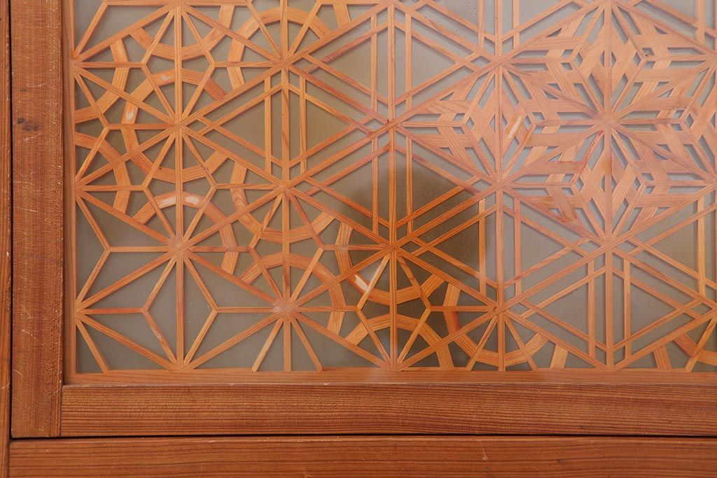アンティーク建具　和製アンティーク　昭和中期　板部一枚板　美しい組子が目を惹く帯戸4枚セット(ガラス帯戸、組子帯戸、引き戸、建具)(R-044287)