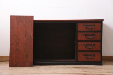 ラフジュ工房オリジナル　古建具リメイク　粋なコントラストが目を引く引き出し付きローボード(収納棚、戸棚、テレビ台、テレビボード)(R-044312)