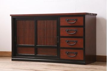 ラフジュ工房オリジナル　古建具リメイク　粋なコントラストが目を引く引き出し付きローボード(収納棚、戸棚、テレビ台、テレビボード)(R-044312)
