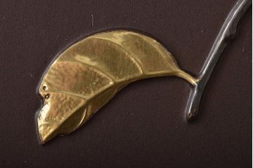 友雄造　彫金銅板　柿実詩図　額装(彫金家、作家物)(R-044318)