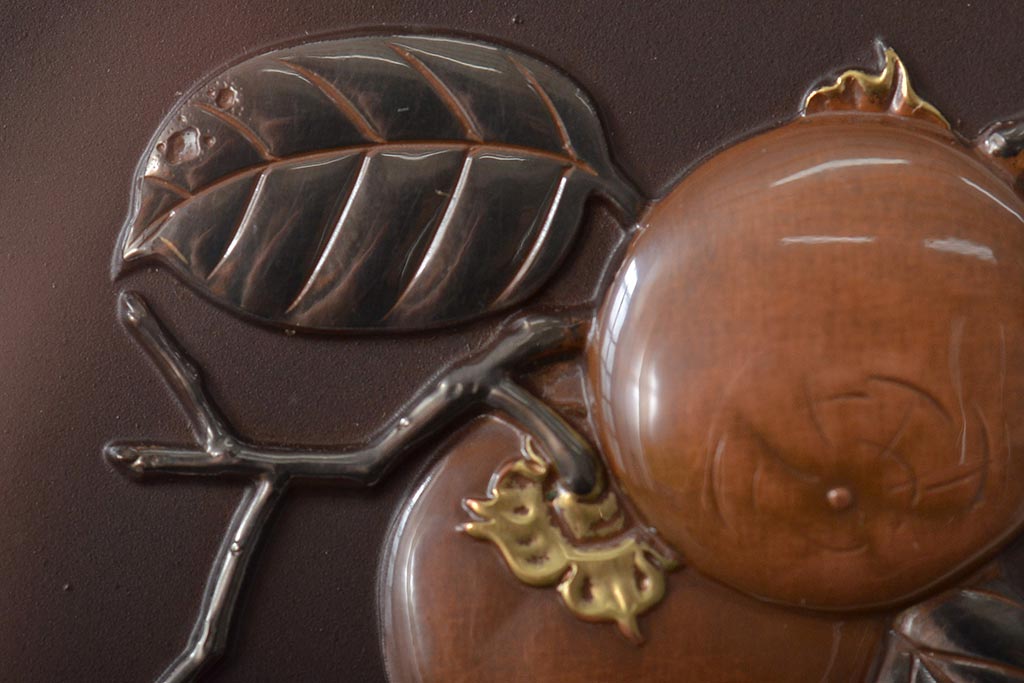 友雄造　彫金銅板　柿実詩図　額装(彫金家、作家物)(R-044318)