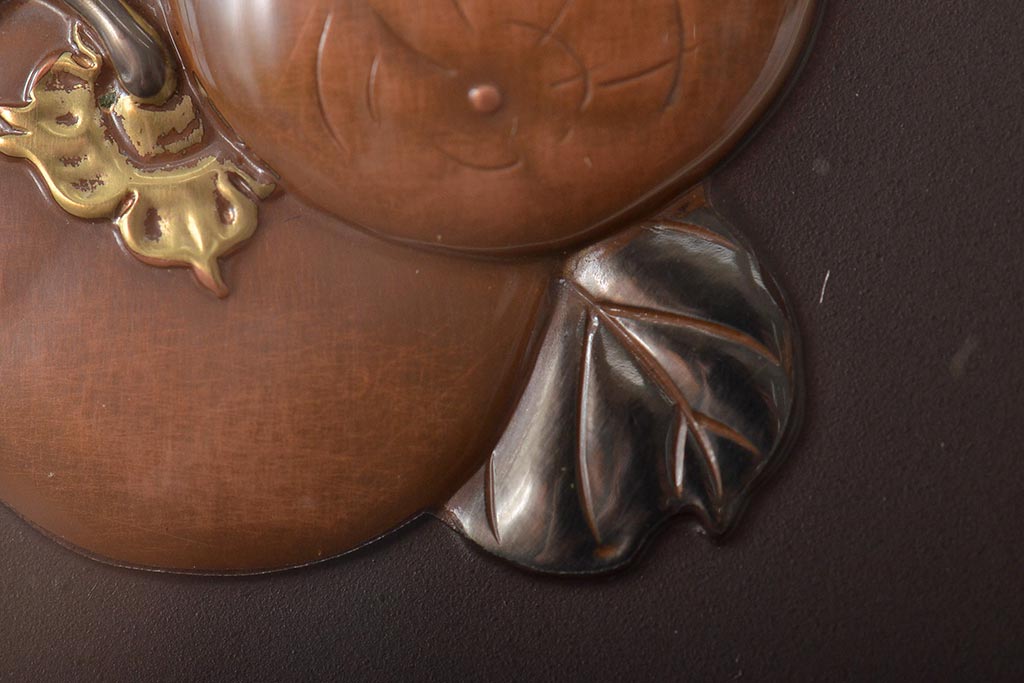 友雄造　彫金銅板　柿実詩図　額装(彫金家、作家物)(R-044318)