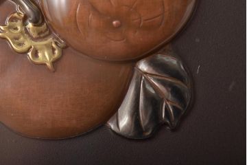 友雄造　彫金銅板　柿実詩図　額装(彫金家、作家物)(R-044318)