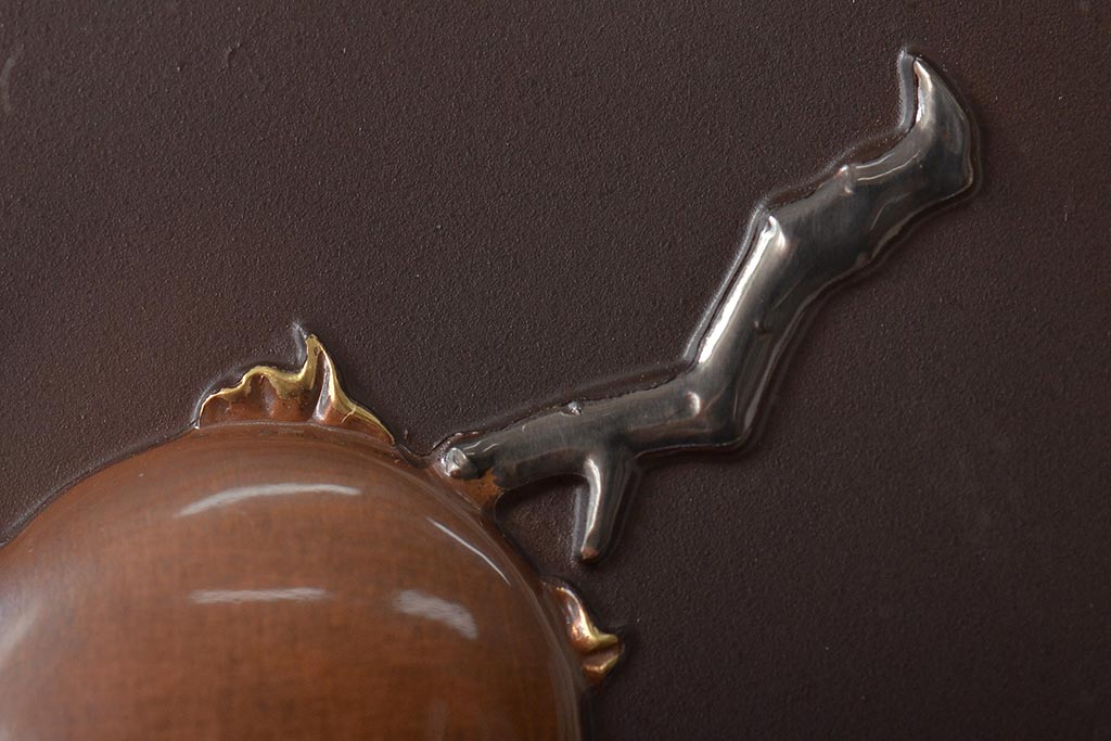 友雄造　彫金銅板　柿実詩図　額装(彫金家、作家物)(R-044318)